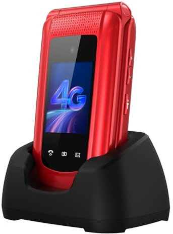 Tosaju Téléphone Portable 4G à Gros Boutons pour Personnes âgées, débloqué, Simple et Facile à Utiliser, avec écran IPS 2,4 + 1,8, Bouton SOS, Station de Charge et Batterie 1000 mAh (Rouge)