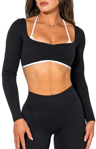 Navneet Women Halter Neck Gym Tops Backless Long Sleeve Gym Tops Compression Yoga Top Built in Bra Running Top Going Out Black M