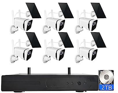 Sistema de cámara de seguridad WiFi inalámbrica de 4 MP con 6 cámaras de energía solar y disco duro 2T, kit NVR de vigilancia solar impermeable con audio bidireccional, detección de movimiento