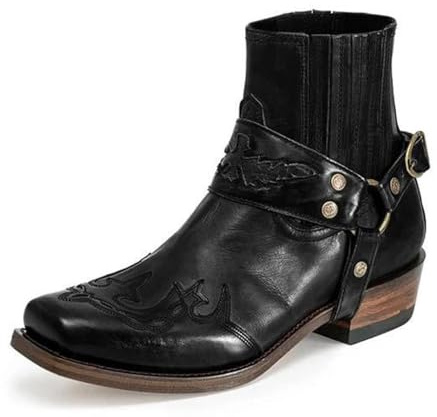 ENWIND Botas de Tobillo Occidentales para Hombre con Hebilla, Estilo Cowboy, Cortas, Retro, de Cuero, Puntera Cuadrada, Botines de Motociclista,Negro,41 EU