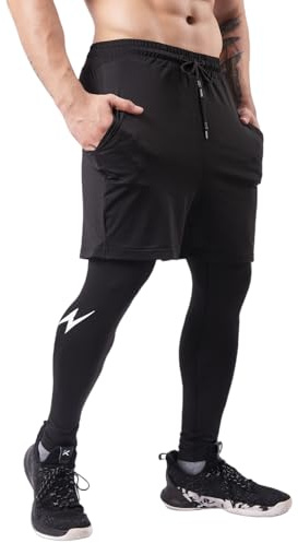 RuiChy Pantalons de Course 2 en 1 Homme Short Sport à Cordon Élastique à Séchage Rapide Pantalon de Compression au Signe Éclair, Fitness Legging Sport avec Poches pour Basketball Football (M)