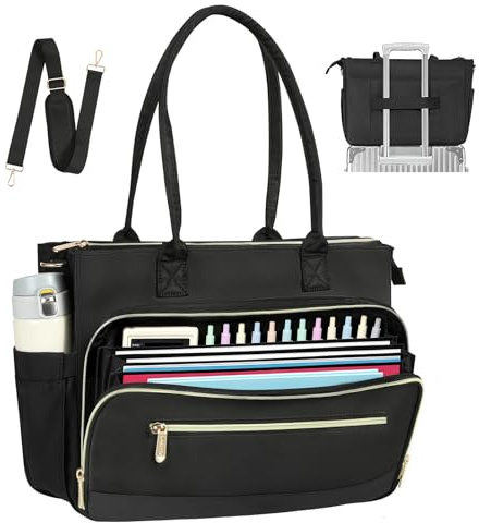 MoKo 15.6 Inch Laptop Bag for Women, Large Teacher Nurse Tote Work Bags Messenger Computer Handbag with File Pockets, Tablet Compartment, Bottle Holder and Detachable Adjustable Shoulder Strap, Black