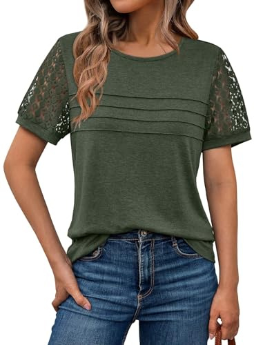 LILLUSORY Womens Tops Summer Lace Short Sleeve Ladies T Shirts UK | Crew Neck,Basic Elegant Tshirts,Business Casual Blouse,Plus Size Tops,Dressy Capsule Wardrobe Clothing 2026,Easy Matching