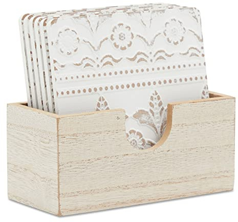 Juvale Wooden Coasters Set of 6-3.8 in, White, Square, Farmhouse Style - Coaster Holder for Coffee Table & Bar Decor - Kitchen & Living Room Decor