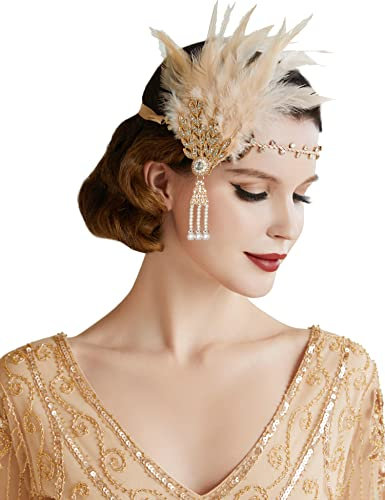 BABEYOND 1920s Stil Damen Feder Stirnband Flapper Art Deco Inspiriert von Great Gatsby Blatt Blinkende Kristalle Haarband (Champagner)