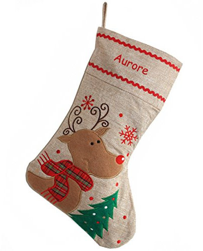 Amikado Chaussette de Noël Effet Lin personnalisée d'un prénom - Renne