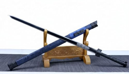 LOONGSWORD Chinese Han Jian Sword – Hand-Forged High Carbon Manganese Steel Octahedral Blade, Black Alloy Fittings, Blue Pattern Faux-Leather Scabbard, Collectible & Martial Arts Display, 42.5