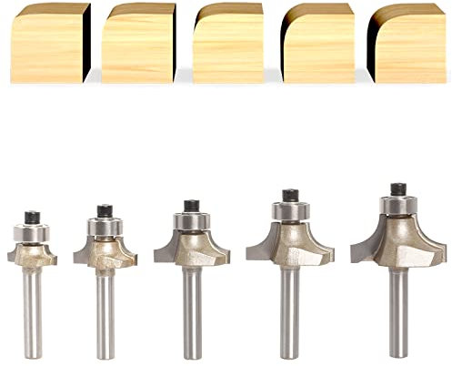 Sinoprotools Roundover Router Bits,5pcs Edge Forming Round-over Beading Router Bit Set,Corner Rounding Router Bits 1/4 Inch shank, Radius - 1/8 3/16 1/4 5/16 3/8