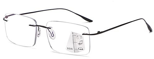 VEVESMUNDO Gleitsichtbrille Lesebrille Randlos Metall Titan Ultraleicht Multifocus Progressive Blaulichtfilter Sehhilfe Lesehilfe Bifokale Brillen für Herren Damen (1 Stück Schwarz, 1.5)