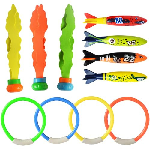 UQTUKO Jouets de Plongée, 11 pièces Anneaux de Plongée Jouets de Natation Piscine Jouet sous Eau été Jeux d'eau d'Exterieur avec Bâton torpédos Plongée Entrainement pour Enfants garçons et Filles