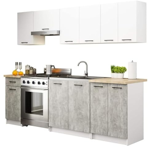 BDW - Küchenzeile ohne Elektrogeräte - Miniküche 240 cm breit - Küche Komplett: Küchenunterschränke & Küchenhängeschränke - 240x203x46 cm - Küchenschränke Weiß/Beton