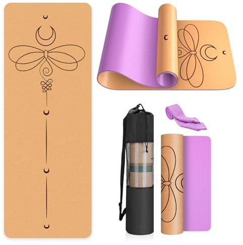 Yoga Mat Natural Cork 100% High Density Ecological Exercise Mat 183 x 61 x 0.4 cm with Carrying Strap for Home, Pilates, Gym and Training - Purple-Dragonflies