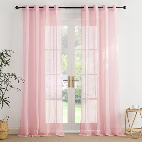 PONY DANCE Tende Trasparenti per Salotto con Effetto Lino 2 Pezzi 140x260 CM Tende Moderne per Soggiorno con Anelli Voile Curtains Camera da Letto, Rosa Chiaro