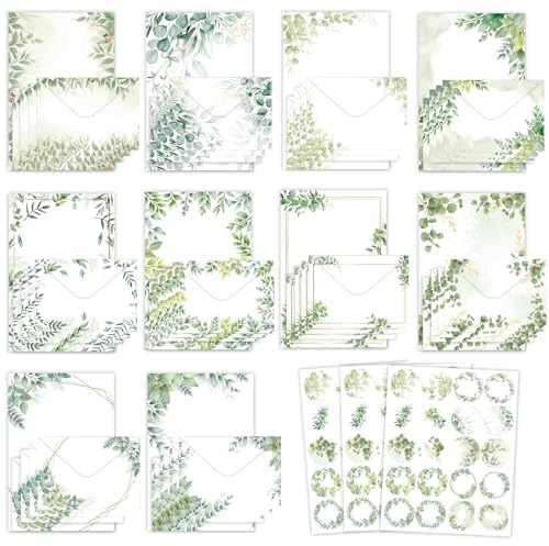 Ensemble Papier à Lettre Élégant 160 Feuilles Papier a Lettre Motifs Naturels (Eucalyptus/Feuilles Vertes) Pour Carte Bapteme, Carte Communion et Faire Part de Mariage et Sets de Table​ Jetable