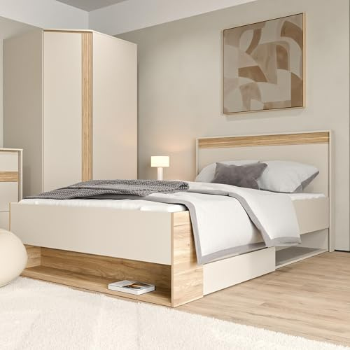 Forte WEXLIN Bettgestell, Liegefläche 120 x 200 cm, modernes Bett mit Schublade und Regal, Kinder- und Jugendzimmer,Kaschmir|Beige|Mauvella Eiche Holzdekor, 130 cm breit x 96,3 cm hoch x 210,8 cm tief