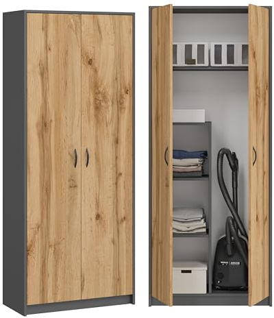 BDW - Armadio per scope – Armadio per prodotti per la pulizia – 74x35x180cm – versatile per scope, aspirapolvere e prodotti per la pulizia – DINO Grafite/Rovere Wotan