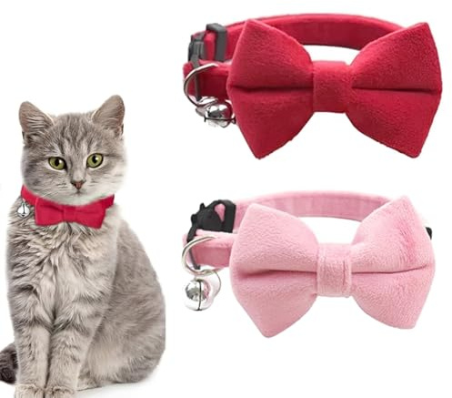 WUYJI Cat Collars, Collari per gatti in velluto a due pezzi con campanellini e papillon, regolabili per cuccioli e gattini di piccola taglia (rosso, rosa)