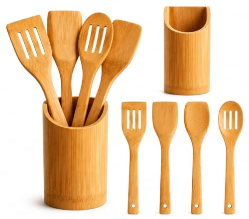 Juego de Utensilios de cocina de bambú.Set – 5 piezas con Soporte.Cucharas y Espátulas de Madera Natural para Cocinar.Kit Antirayaduras para Sartenes Antiadherentes – Accesorios de Cocina Resistentes