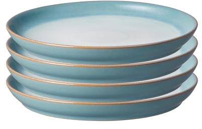 Denby - Azure Haze Blue Coupe Dinner Plates Set of 4 - Stoneware Ceramic Plates for Everyday Use - Dishwasher, Oven, Microwave, and Freezer Safe - Blue, White Reactive Gradient Glaze - Chip Resistant