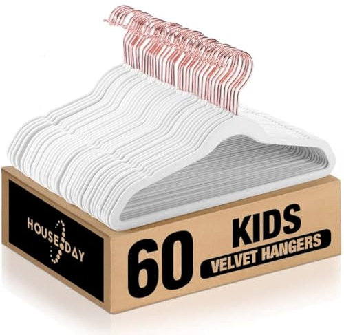 HOUSE DAY 60 Stück Kinder kleiderbügel Samt(35.5cm breit)— Weiß Kinderkleiderbügel Samt Kinder Kleiderbügel rutschfest Kleiderbügel Platzsparend mit drehbarer Haken für 3-15 Jahre
