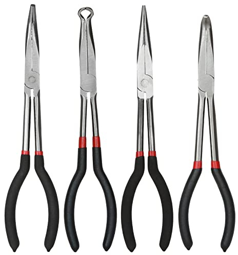 Long Needle Nose Pliers Set - 4 in 1 Bent Needle Nose Pliers 90 Degree - 11 inch Spark Plug Wire Removal Tool for Wire Bending,Shaping,Trimming