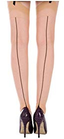Mytoptrendz® Women's Sheer Thigh High Seamed Stockings NATURAL WITH BLACK CUBAN HEEL (NUDE/BLACK SEAM & HEEL, Medium)