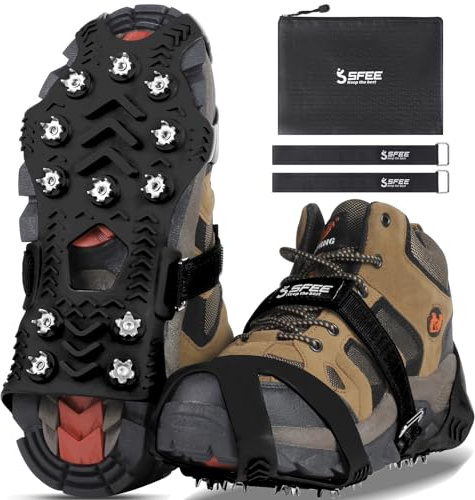 Sfee Crampons for Winter Boots, Upgraded Ice Cleats Stainless Steel Women Men Anti Slip Ice Traction Cleats Grips with Straps, Perfect for Hiking, Walking, Climbing, Ice Fishing(M)