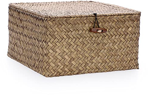 Hipiwe Wicker Shelf Baskets Bin with Lid Handwoven Seagrass Storage Basket Container Square Multipurpose Household Basket Boxes for Shelves and Home Organizer, Coffee Medium