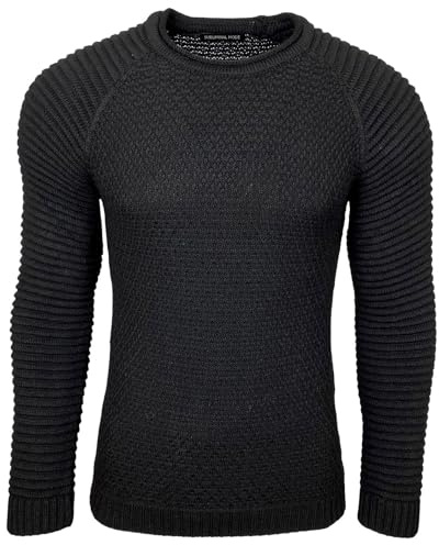 Subliminal Mode Pull Homme en Maille Col Rond - Style Basique - Pull Grosse Maille Nervuré - Pull Over Tricoté Hiver Manches Longues - Idée Cadeau BX8056 - Noir L