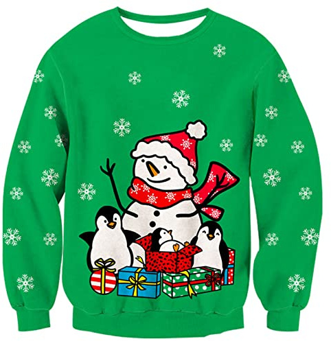 Kids4ever - Jersey navideño Unisex con diseño de pingüino y muñeco de Nieve, Copos de Nieve, jerséis Verdes, Prendas de Punto, Sudadera cálida de Manga Larga para niños y niñas de 12 a 13 años
