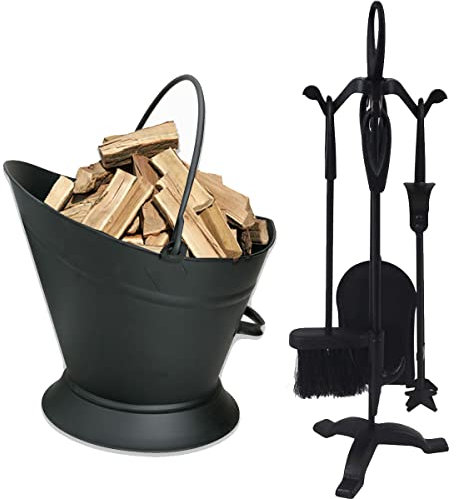 Almineez Companion Set 5 Piece Fireside Companion Tool Set Cast Iron Fireplace Wood Burner Coal Stove Accessories Set with Waterloo Coal Bucket Broom, Shovel, Tong & Poker with Stand