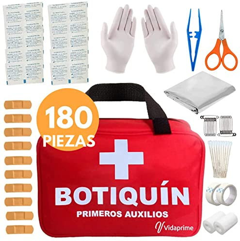 VidaPrime BOTIQUÍN de Primeros Auxilios con Guantes- para Coche, Hogar, casa, Maletín Viaje de Seguridad SUPERVIVIENCIA - Emergency KIT COMPLETO 180 PIEZAS