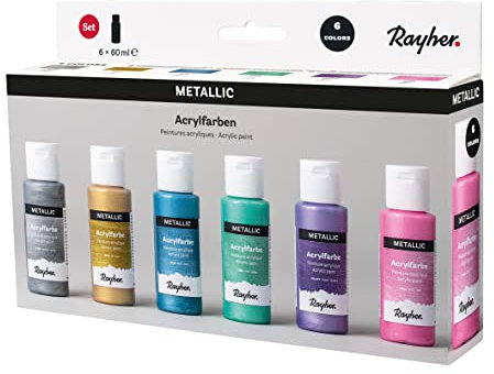 Rayher Acrylfarben-Set Metallic, 6 Farben à 60 ml (rosa, violett, blau, grün, silber, gold), für Einsteiger und Profikünstler, für viele Untergründe geeignet, wasserbasierend, 35059000