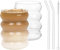 Winter Shore 410ml Set Bicchieri con Cannucce Vetro [Pacco da 2] - Bicchieri Vetro Particolari Ondulati per Caffè Freddo, Tè, Birra, Soda, Acqua - Senza BPA - Con Spazzola per Pulizia Cannuccia