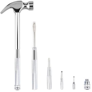 6-in-1 mini multifunctional metal hammer and screwdriver hand tool for opening walnuts, including cross and flat screwdrivers, home repair tools, and camping hammer set (Silver)