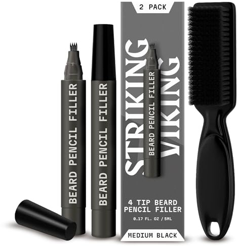 Striking Viking Lápiz de relleno para barba, paquete de 2, negro medio, 4 puntas, contorno de huecos con moldeador de barba, retoques impermeables a prueba de sudor con cepillo de peluquero, peine
