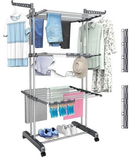 Shrivee WäScheständer Turm mit 2 Drehbare Flügeln Verstellbarer Hoch 172cm Platzsparend Clothes Drying Rack mit Rädern für Wohnung, Balkon & Garten (3 Etagen