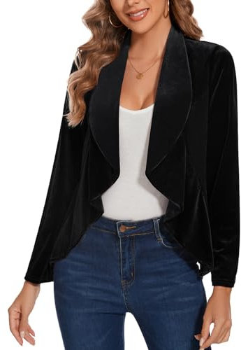 MINTLIMIT Womens Velvet Blazer Open Front Long Sleeve Suits Vintage Ladies Blazers Cardigans Casual Retro Ruffle Trim Unlined Going-Out Wear (Black XL)