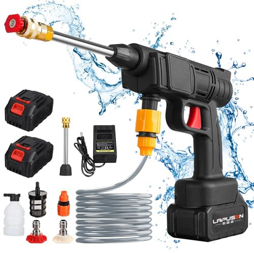 Pistola de Agua de Alta presión, 30Bar hidrolimpiadora de Alta presión con batería de 6000mAh, Cargador y Manguera 5m, 435PSI Limpiador de Alta presión inalámbrica para Jardín y Coche (2 × baterías)