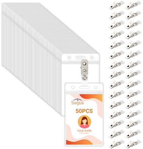Segus Porta Badge con Clip, 50 Pezzi Porta Badge Verticale, Trasparente e Impermeabile, con Clip in Metallo, per Studenti, Infermieri, Personale