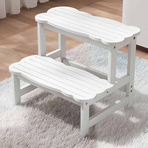 COSYLAND Step Stool for Toddlers - Wodden Two Step Stools 300 lbs Capacity with Safety Non-Slip Pads - Cute Toddler Step Stool for Bathroom Sink (White)