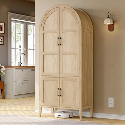 ONBRILL 71 Tall Wooden Arched Cabinet, 5-Tier Arched Kitchen Pantry Cabinet with Doors & Shelves, Farmhouse Kitchen Arch Cabinets with Adjustable Feet, Wooden Pantry Storage for Dining Room(Oak)