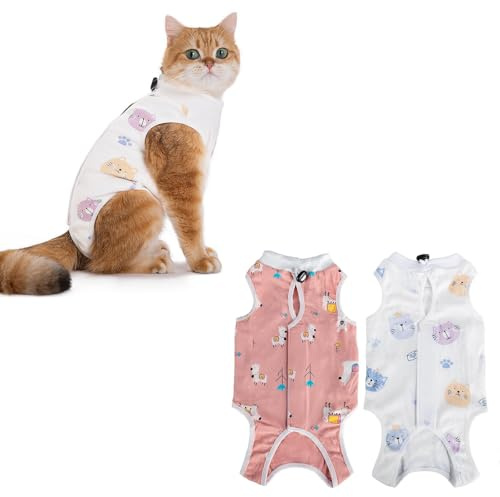 GIEEU 2 Confezione Tuta di Recupero per Gatti - Tuta Protettiva Post-Intervento per Gatti, Gilet per Gatti dopo l'intervento Femmina, Tuta di Recupero Femmina per Ferite Addominali, Taglia M (Gatto 2~