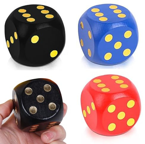 Large Giant Wooden Dice for Children - Round Edge Safe 3-Piece Set (Red, Blue, Black) for Board Games, Math Learning & Funny Games