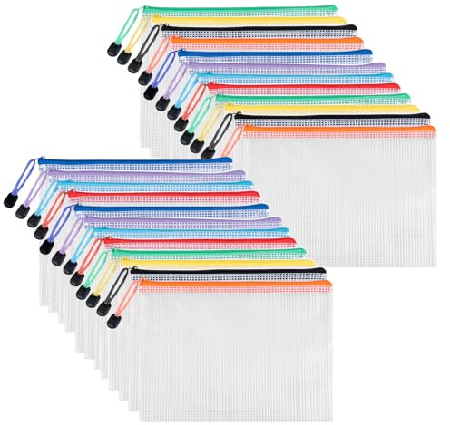 Bolsas de Documentos A5 con Cremallera 24 Piezas, Carehabi Carpeta Fundas Plástico Malla Transparente, Archivador A5 para Material Escolar Oficina Viajes y Recibos Certificados