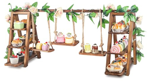Wisreach Upgraded Large Wooden 3 Tier Swing Cupcake Stand with Flower Decor, Removable Trays, Foldable Ladder Display for Cake, Snacks, Fruit, Bread, Party & Catering Centerpieces