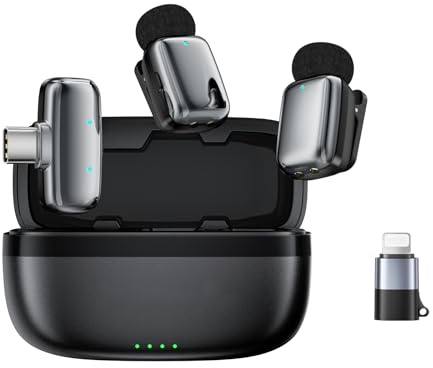 Haomuren Mini Microfono Wireless per phone/Android/Pad, Confezione da 2, Microfono Lavalier con Lightning, USB-C, Mute, 100 m, Microfono a Clip per Registrazione Video, Podcasting, Vlogging