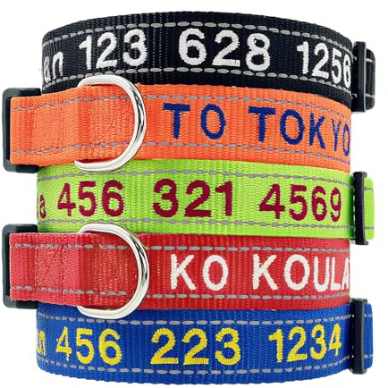 Collier Chien Personnalisé, Collier pour Chien en Nylon Réfléchissant Reglable Broderie avec Nom Et Numéro De Téléphone Chiot Moyen Grands, 4 Tailles RéGlables, 11 Couleurs