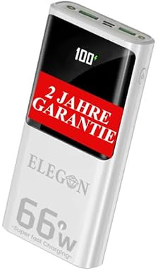 ELEGON Slim Power Bank Ultra Power 20 – 20000mAh Vattentålig Extern Batteri – 66W Snabbladdande Powerbank med LED-display, 3 Portar (2 USB-A + 1 USB-C), Kompatibel med Alla Smartphones