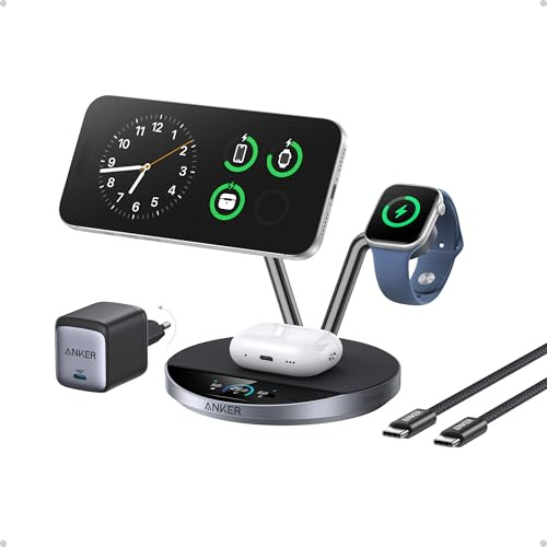 Anker Prime MagSafe-kompatibles 3-in-1 Ladegerät, Qi2 25W zertifizierte kabellose Ladestation mit Smart Display und TEC-Aktivkühlung, Für iPhone 17, Apple Watch, AirPods und mehr